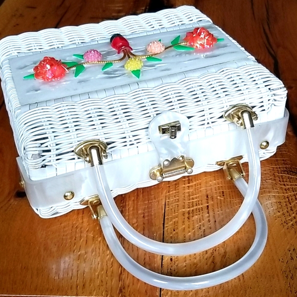 Vintage Princess Charming by Atlas Woven Wicker Rattan Floral Design Box Handbag - Picture 6 of 16